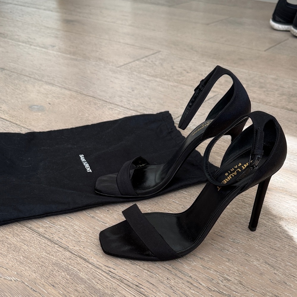Saint Laurent Satin Black Ankle Strap Heels Size 38